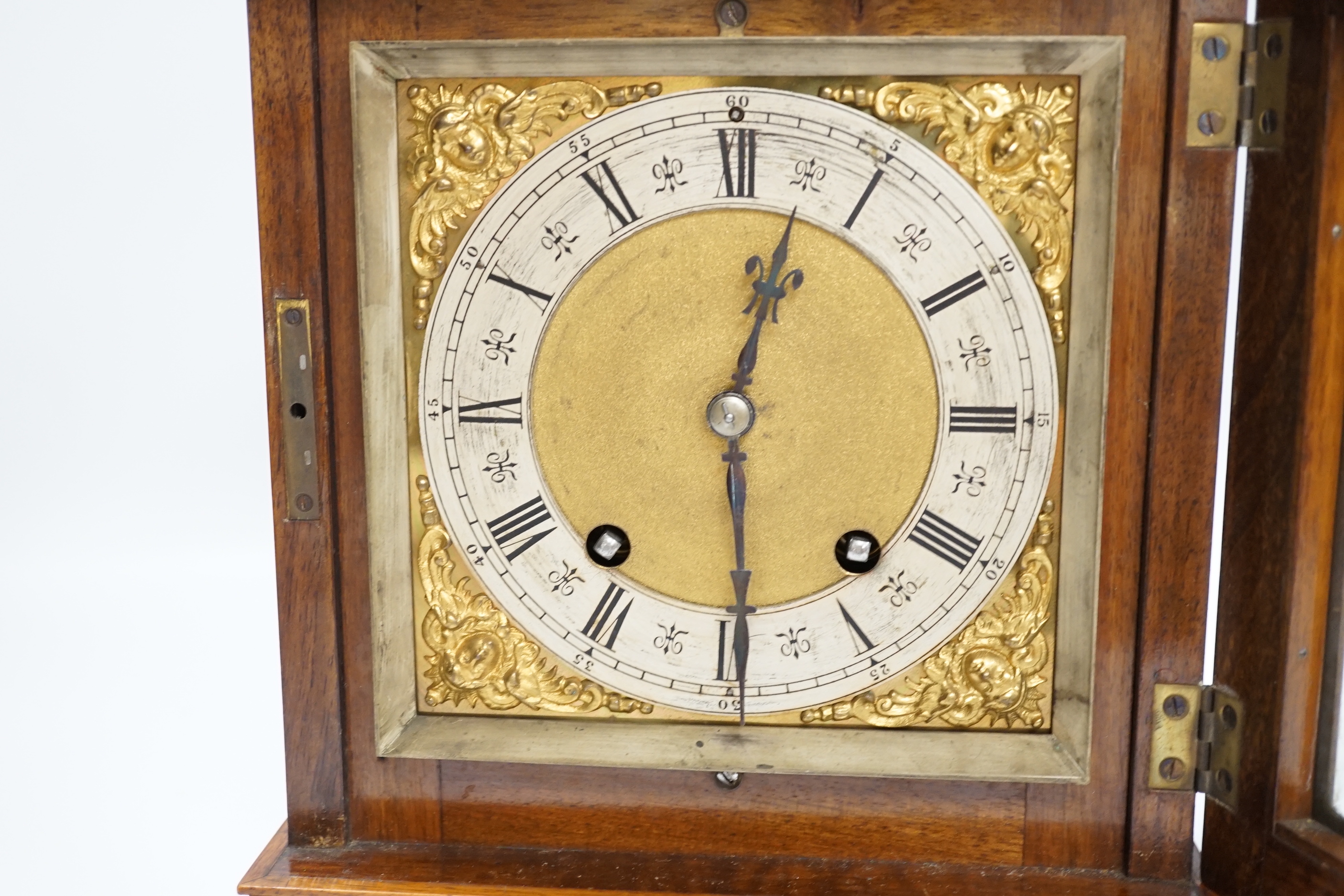 A German Lenzkirch burr walnut mantel clock striking on a coiled gong, 32cm high